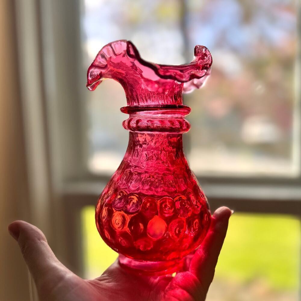 Vintage FENTON Art Glass Vase Cranberry Ruby Red Dot Optic Crimped Ruffled 6”